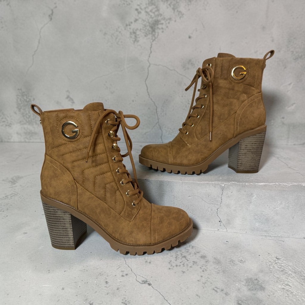 G by GUESS Jalia Quilted Lace Up Heeled Combat Boots Womens 9 Cognac Tan GGJALIA